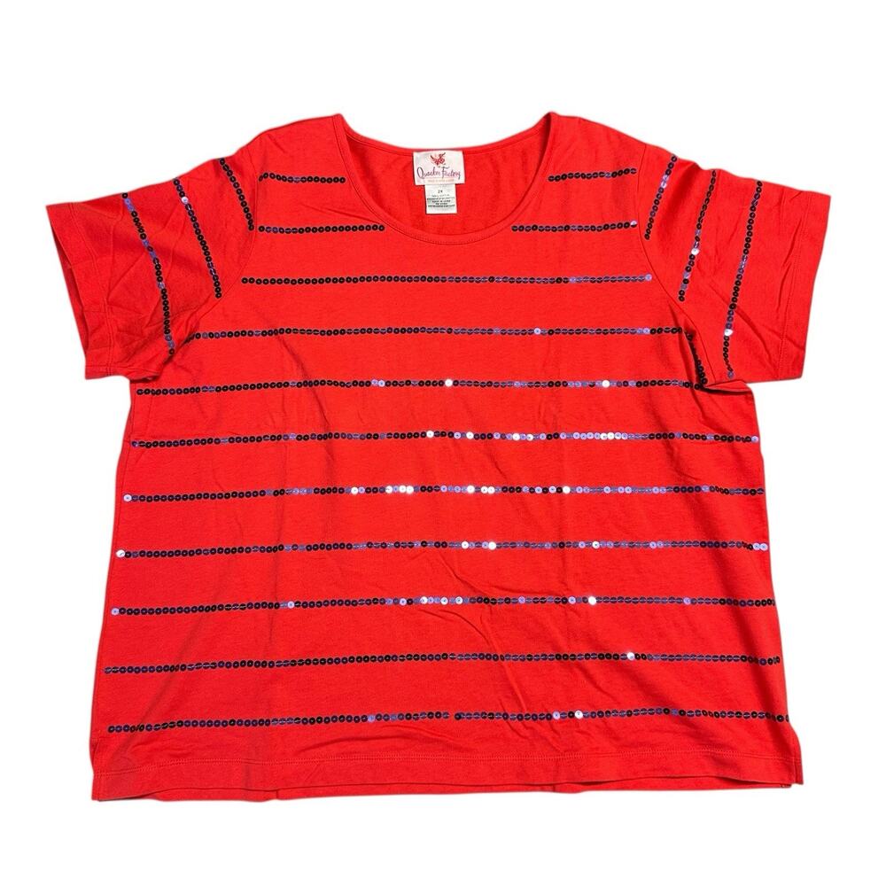 Quacker Factory Shirt Womens 2X Sequins Short Sleeve Shiny Party Top